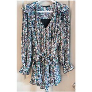 Ruffle Pleated Lined Floral Romper with Belt